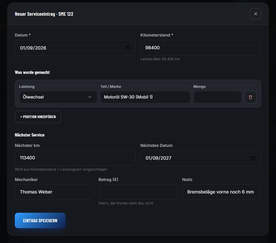 Formular f&uuml;r einen neuen Serviceeintrag mit Datum, Kilometerstand, Positionszeilen und automatisch vorgeschlagenem n&auml;chsten Termin