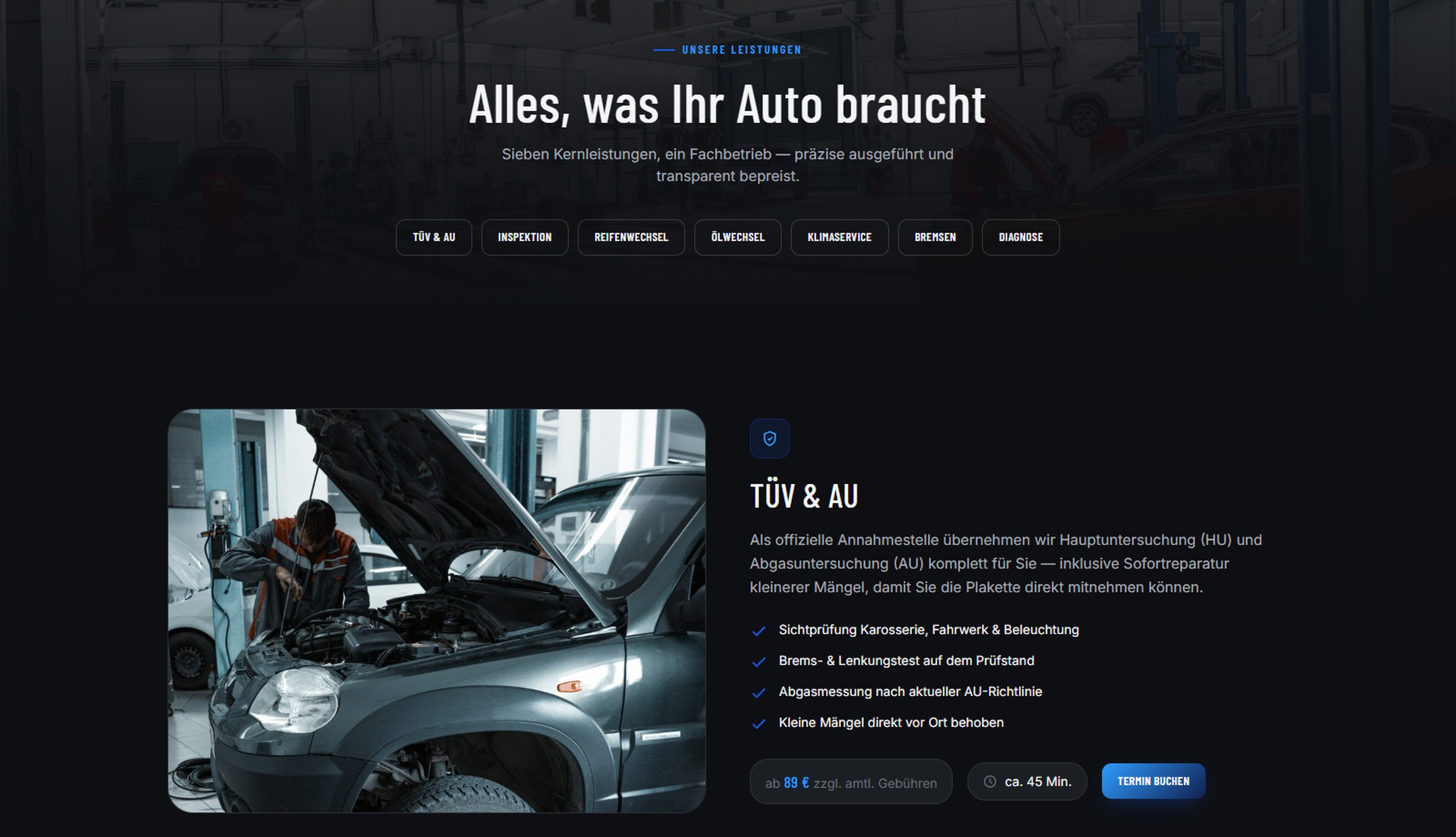 APEX service detail — TÜV & AU with price and duration shown upfront