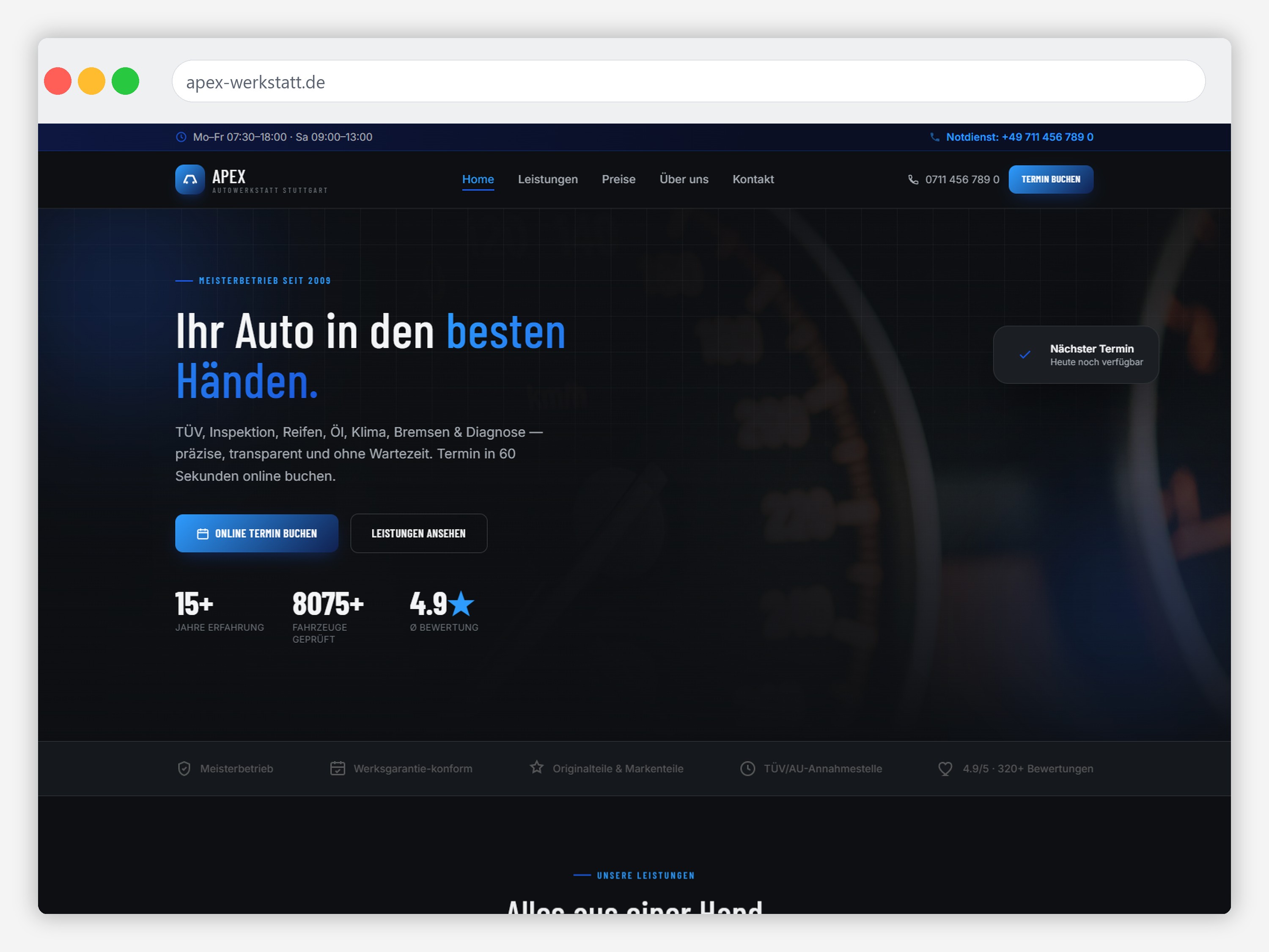 APEX auto workshop website — dark hero with technical blue accent