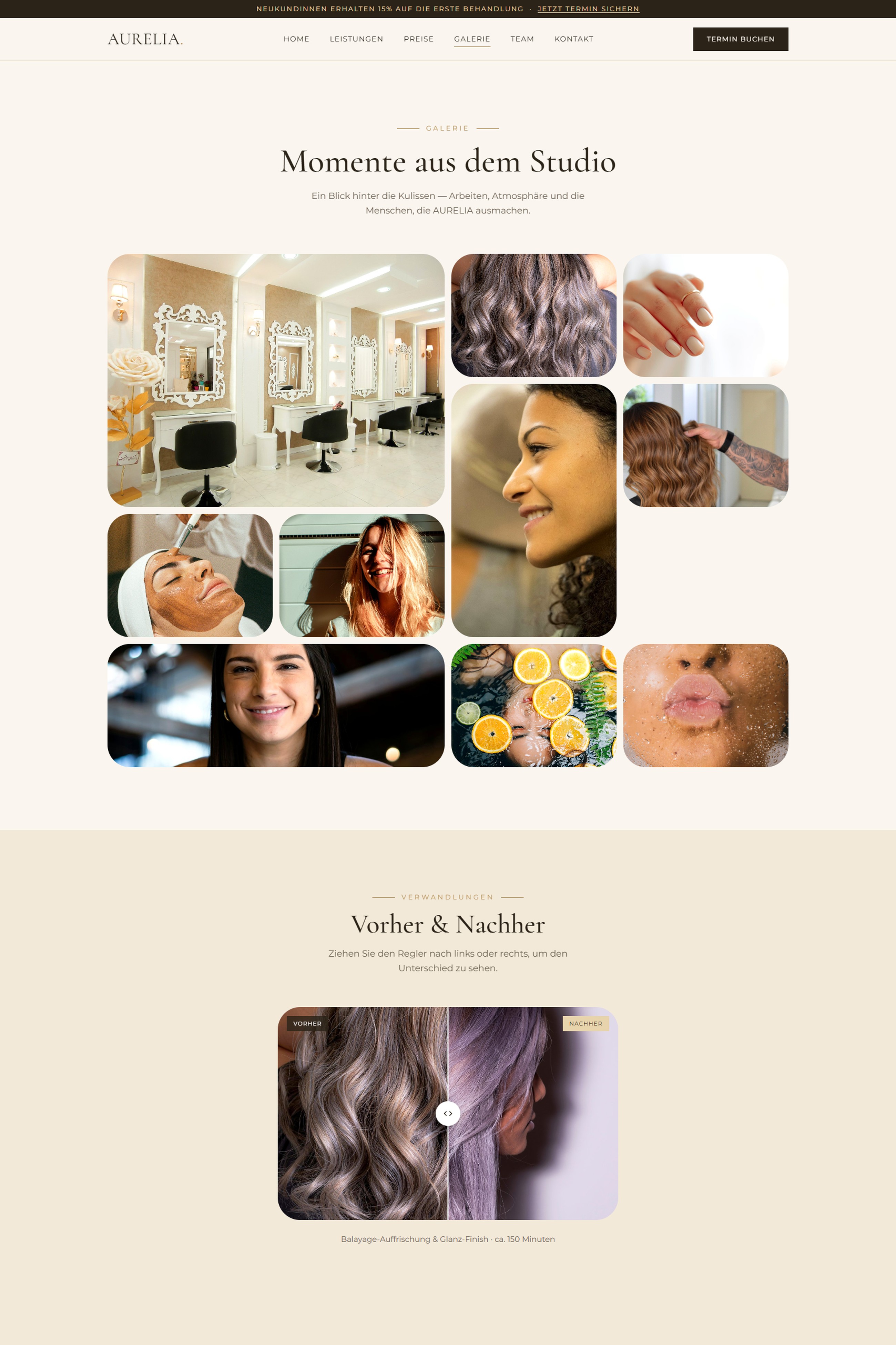 AURELIA gallery grid and interactive before/after slider