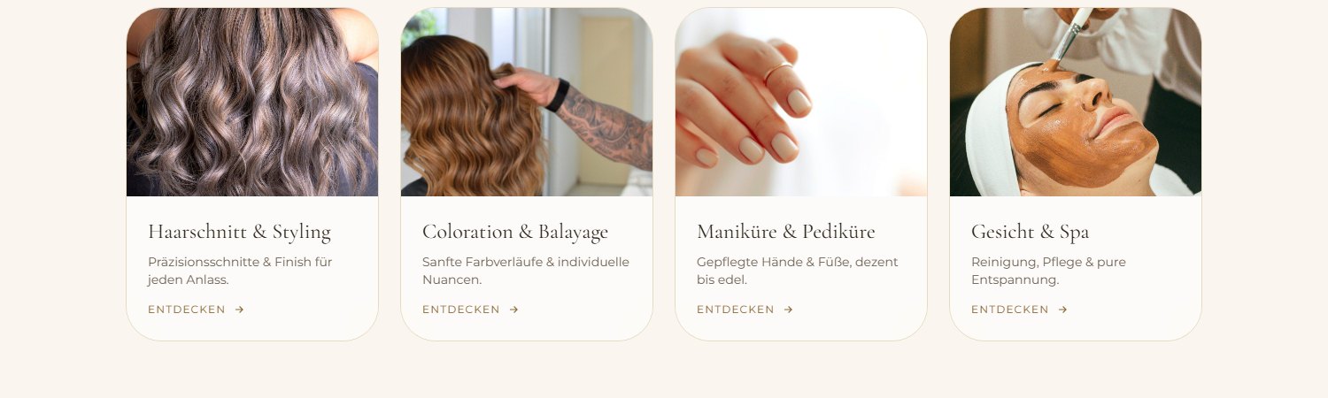 Vier Leistungskarten mit farblich angeglichenen Fotos in gemeinsamer Rahmenform