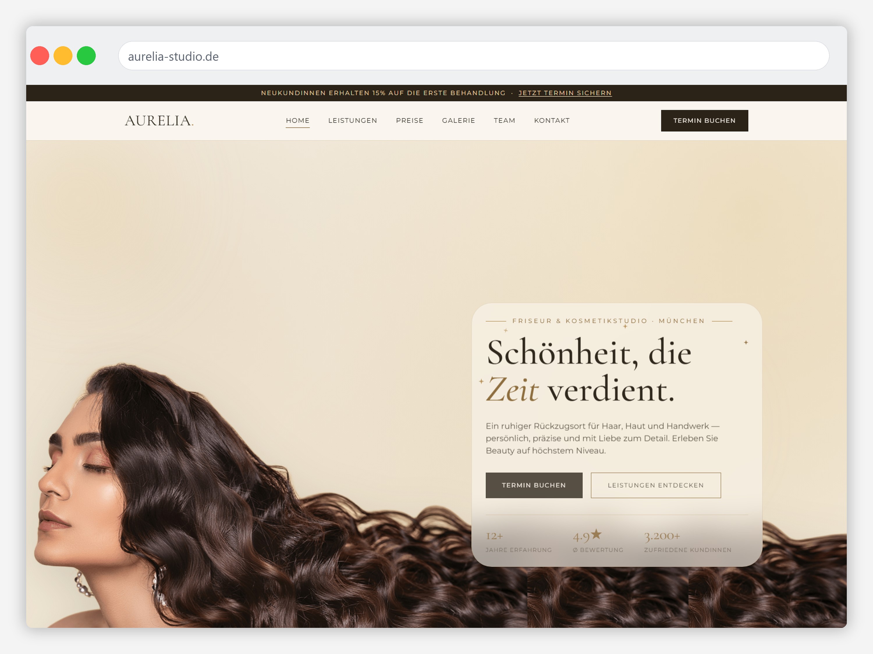 AURELIA beauty studio website — beige and gold hero with portrait