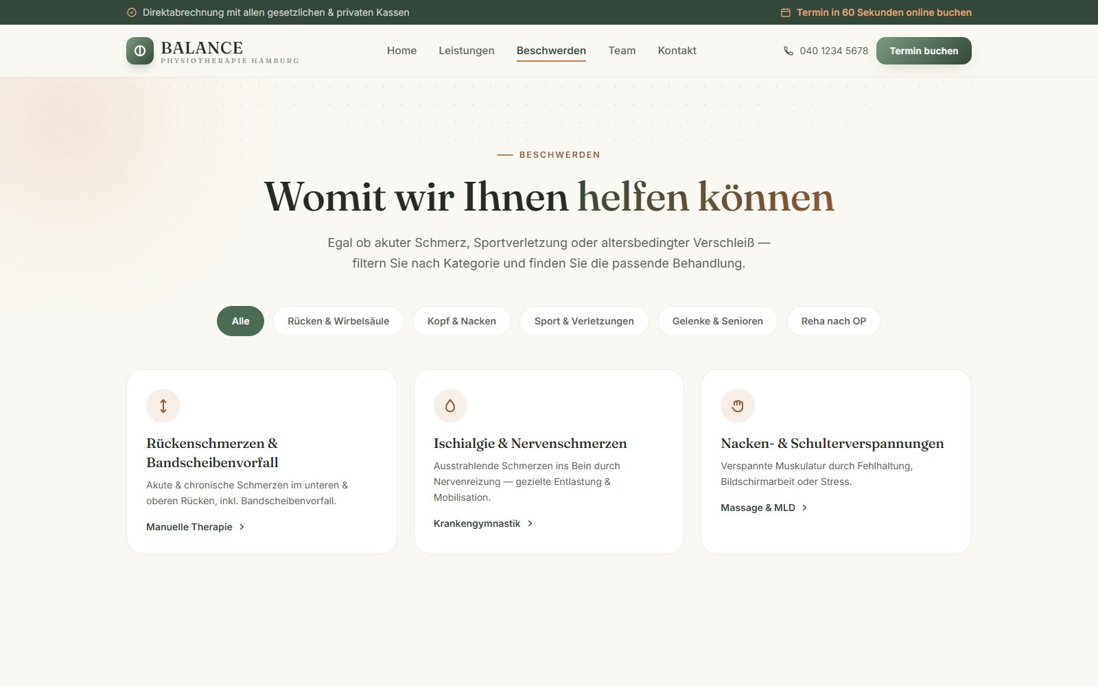 Beschwerden-Seite mit Filterleiste und Karten, jede Beschwerde mit zugeordneter Behandlungsmethode