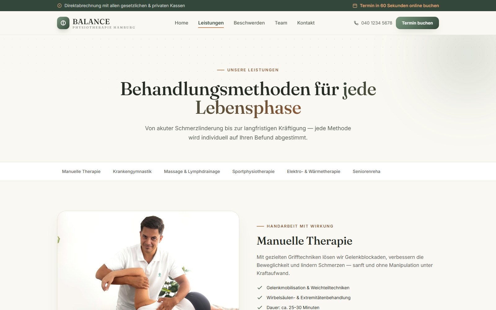 Leistungsseite mit den Behandlungsmethoden der Praxis