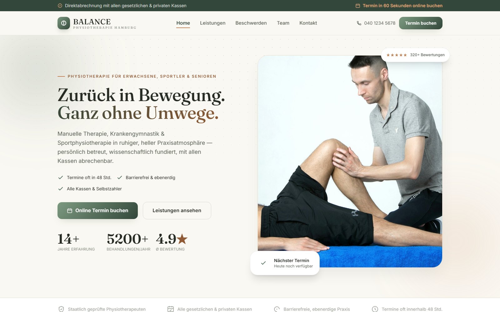 Webseite der Physiotherapie-Praxis BALANCE, Startseite