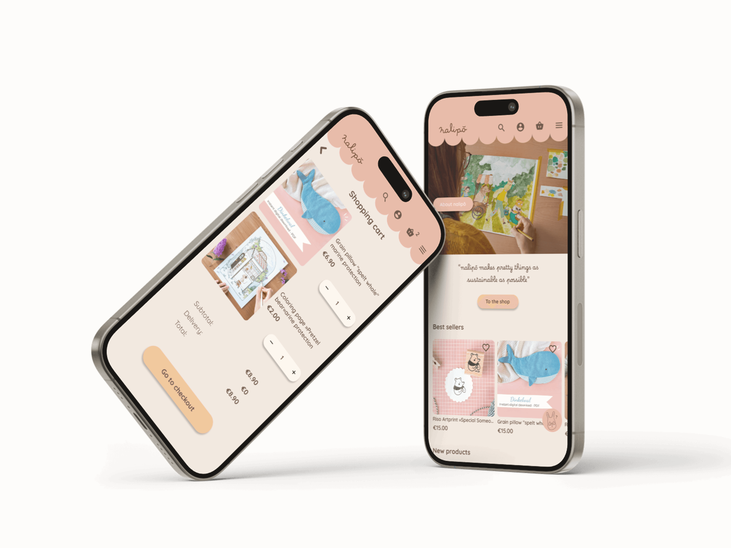 Nalipo — e-commerce mobile screens in soft peach