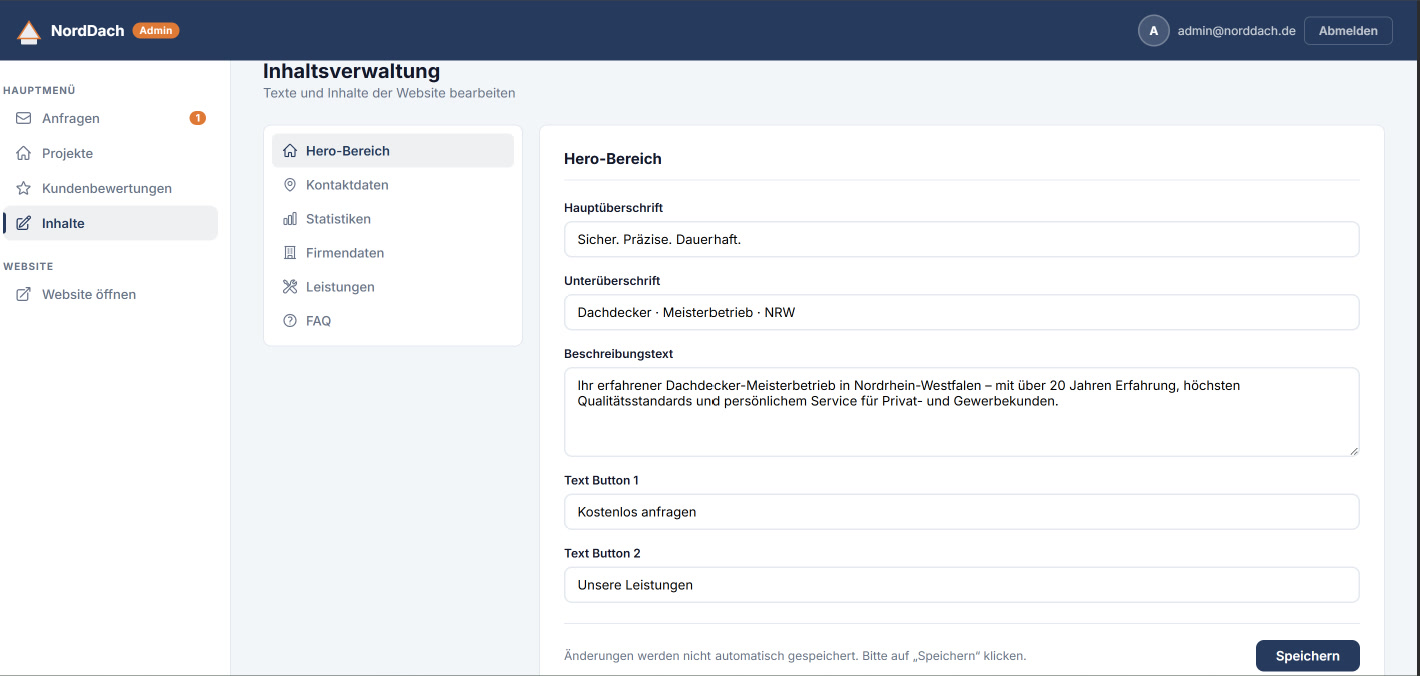 Admin-Bereich: Inhaltsverwaltung mit Bereichsliste und editierbaren Textfeldern