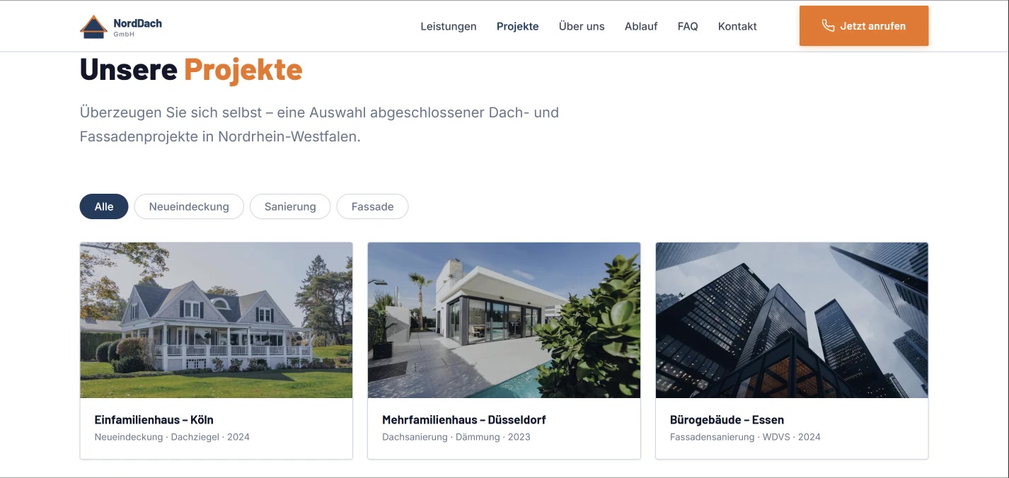 NordDach Projektgalerie mit Filtern für Neueindeckung, Sanierung und Fassade
