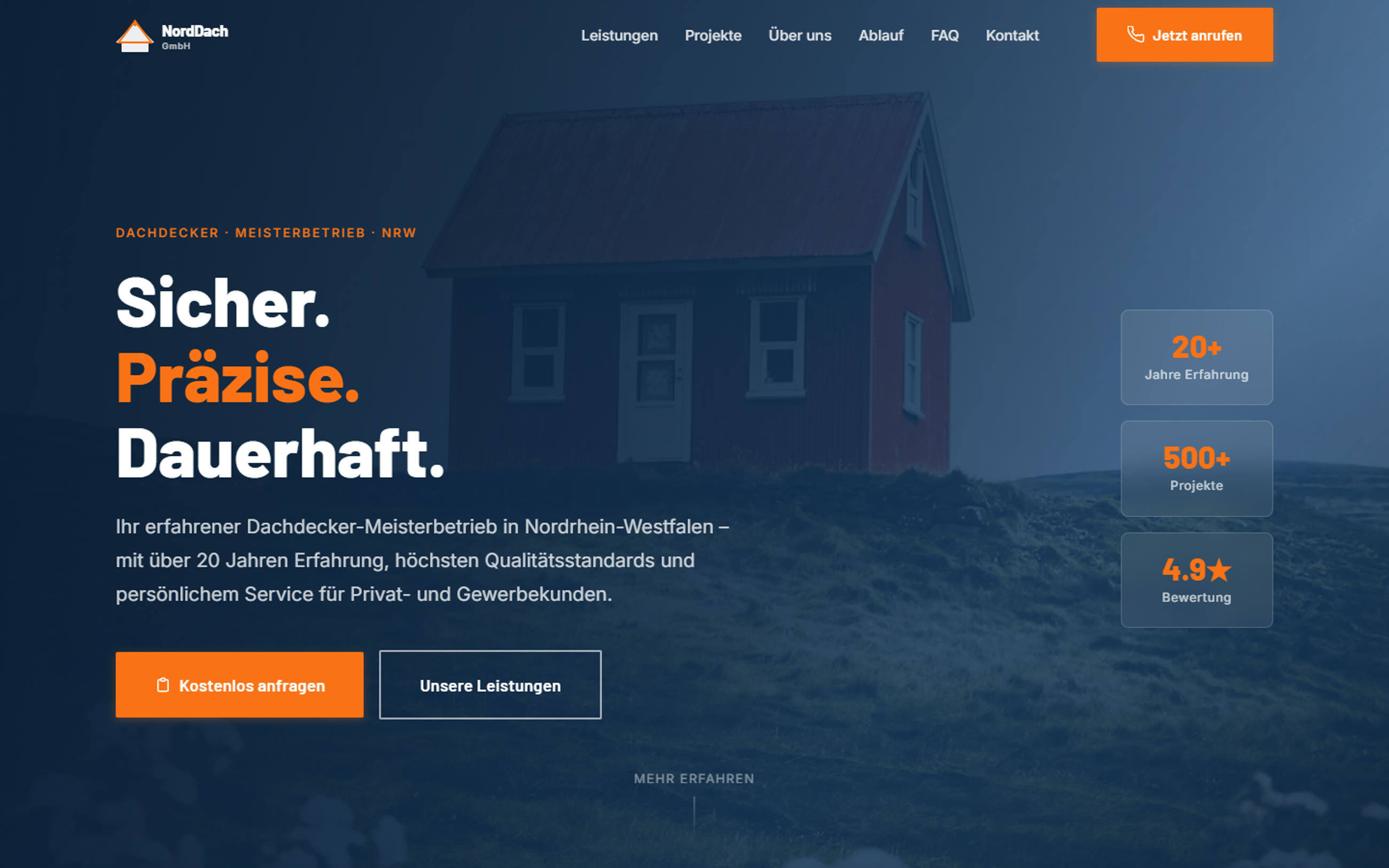 NordDach Startseite, Kopfbereich mit Kennzahlen zu Erfahrung, Projekten und Bewertung