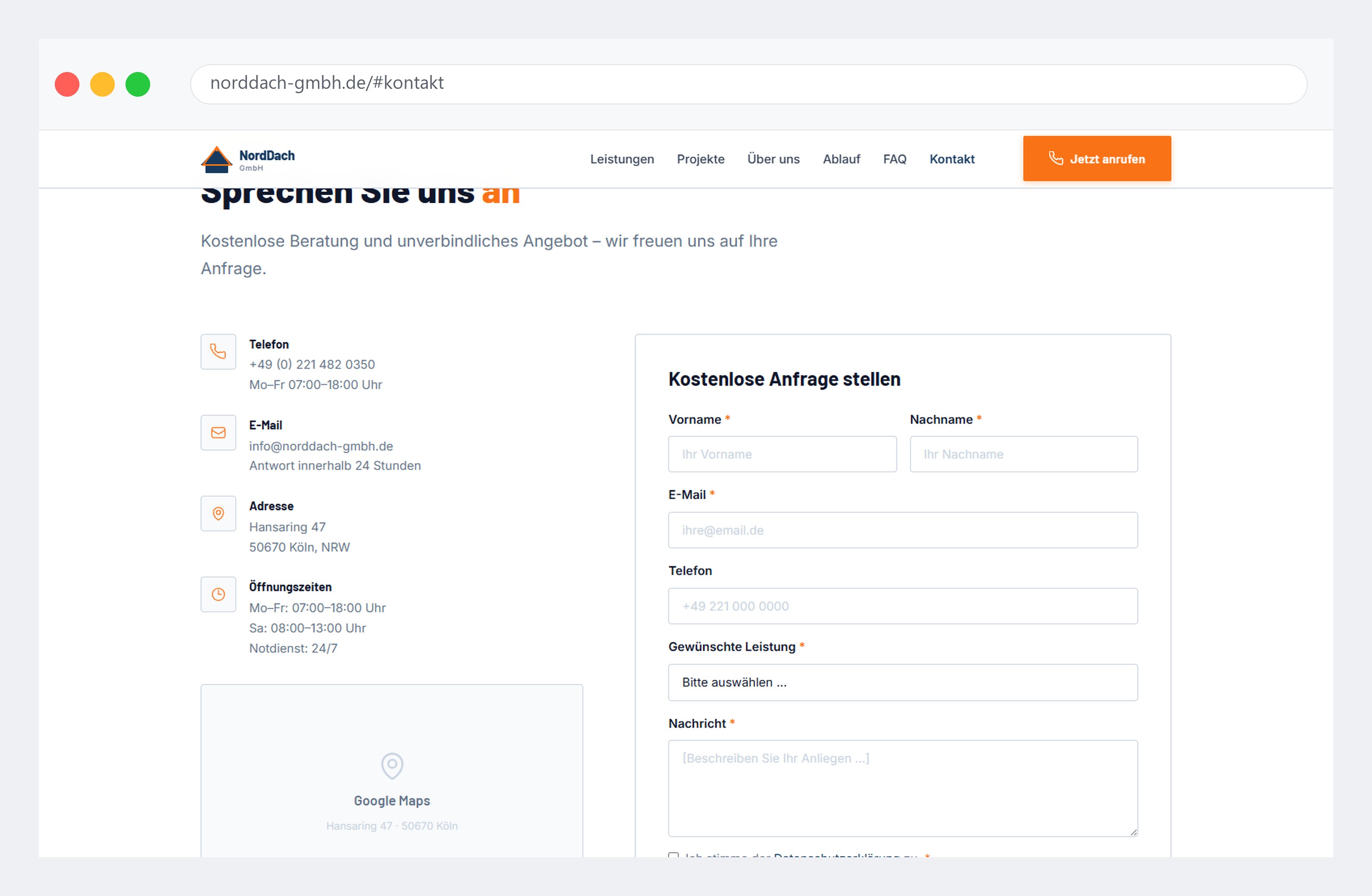 NordDach contact and quote-request section