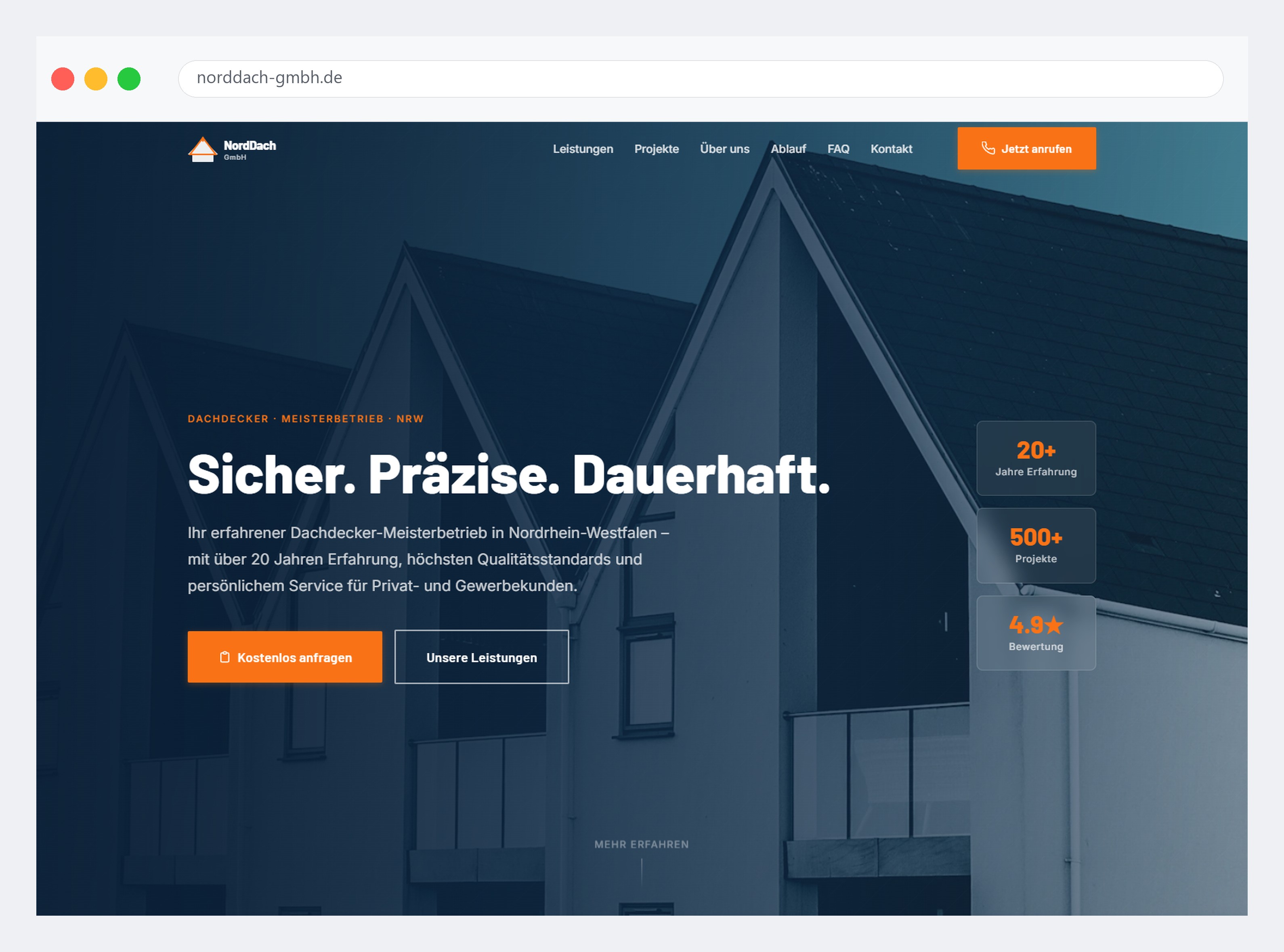 NordDach roofing company website — hero section