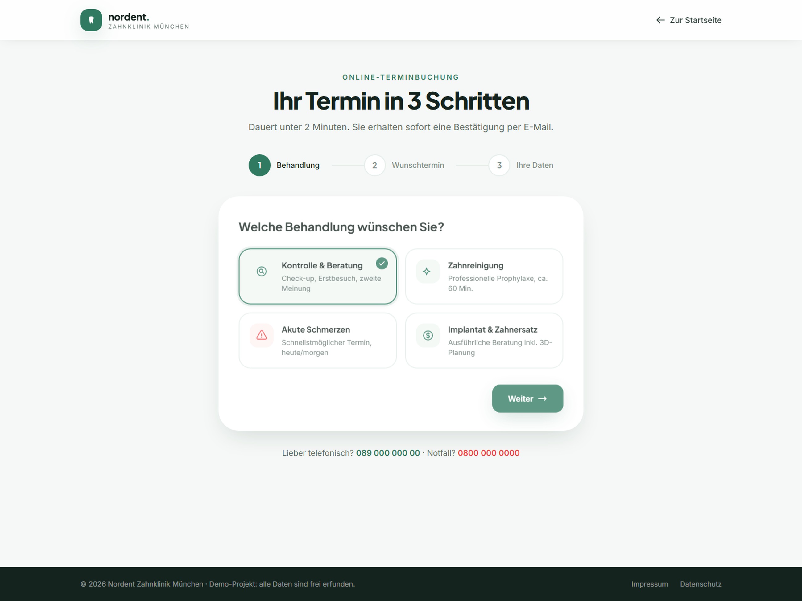 Nordent online booking flow — treatment selection before personal details