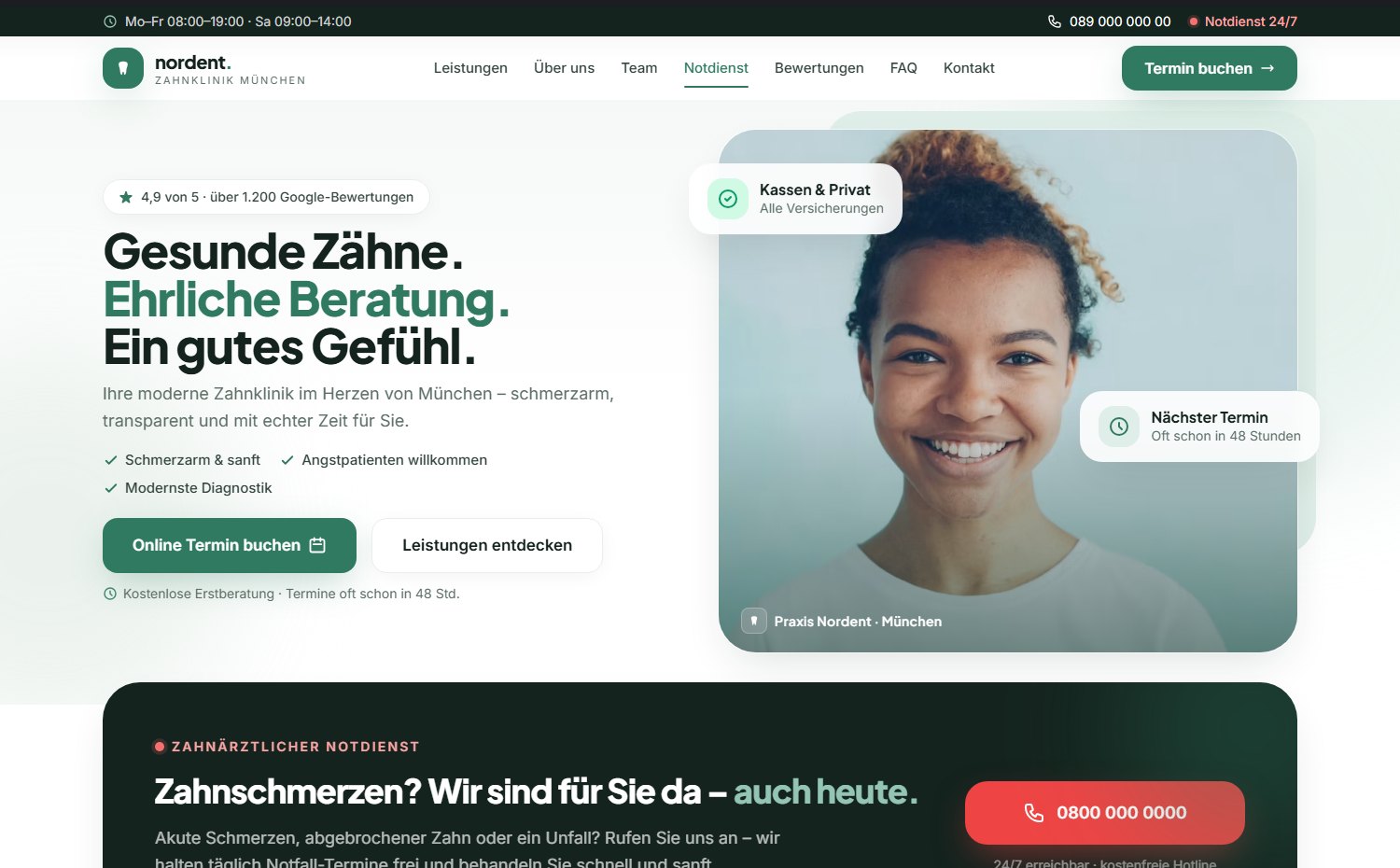 Nordent Startseite, Kopfbereich mit Bewertung, Versicherungshinweis und zwei Handlungsschaltflächen