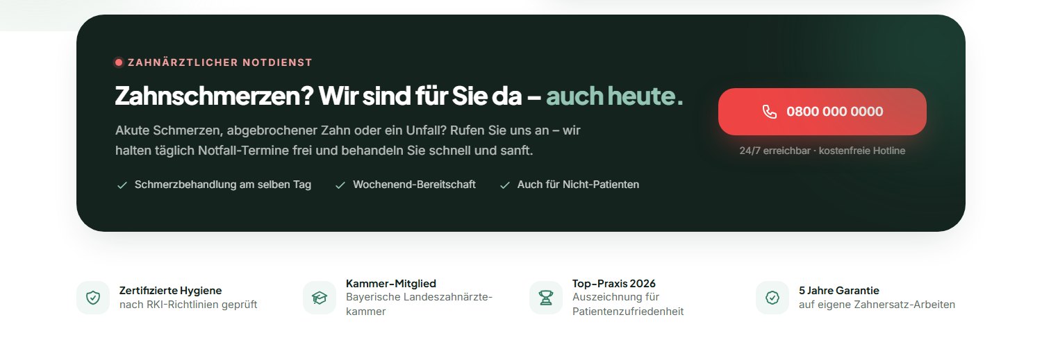 Notdienst-Block: dunkler Bereich mit roter Telefonschaltfläche, darunter vier Vertrauensnachweise