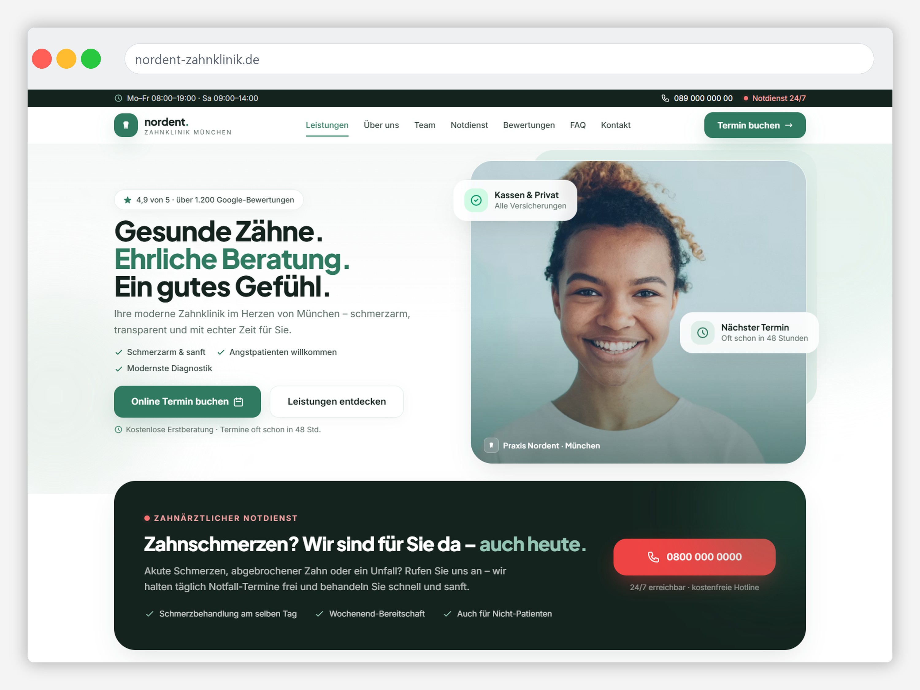 Nordent dental clinic website — hero and emergency-care section