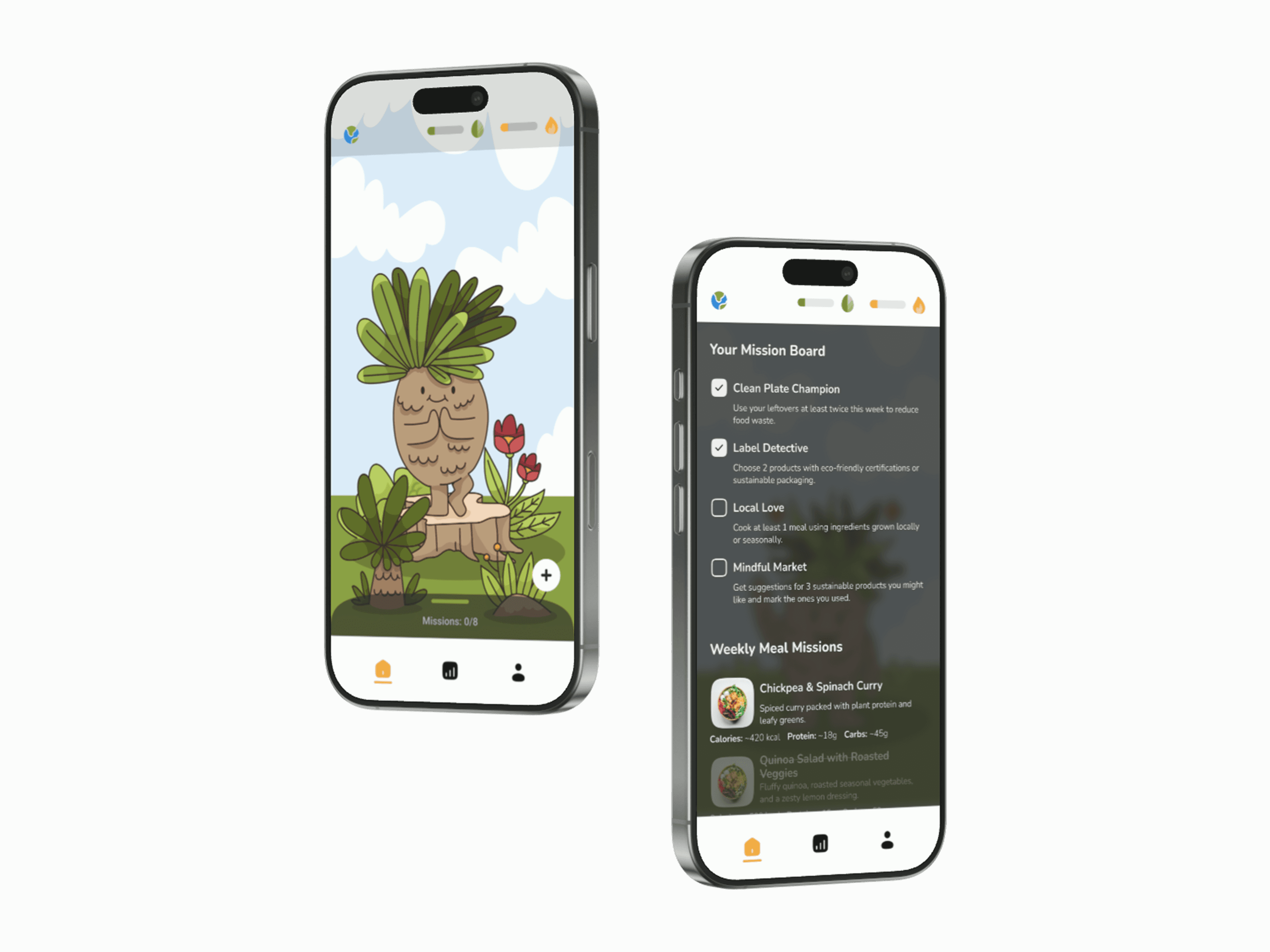 Root app — gamified companion screens on sage green