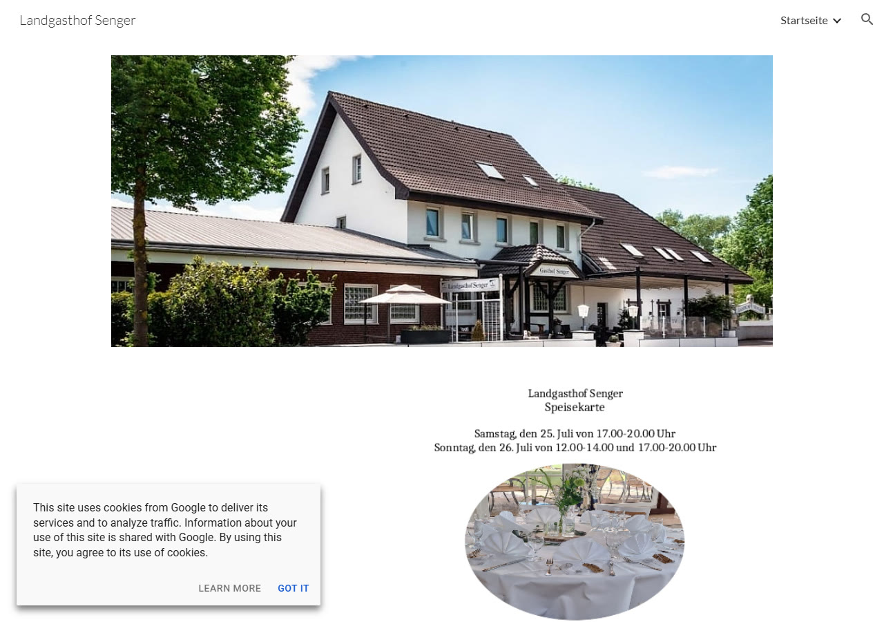 The existing Landgasthof Senger website — a bare Google Sites page with a single photo and a two-line note