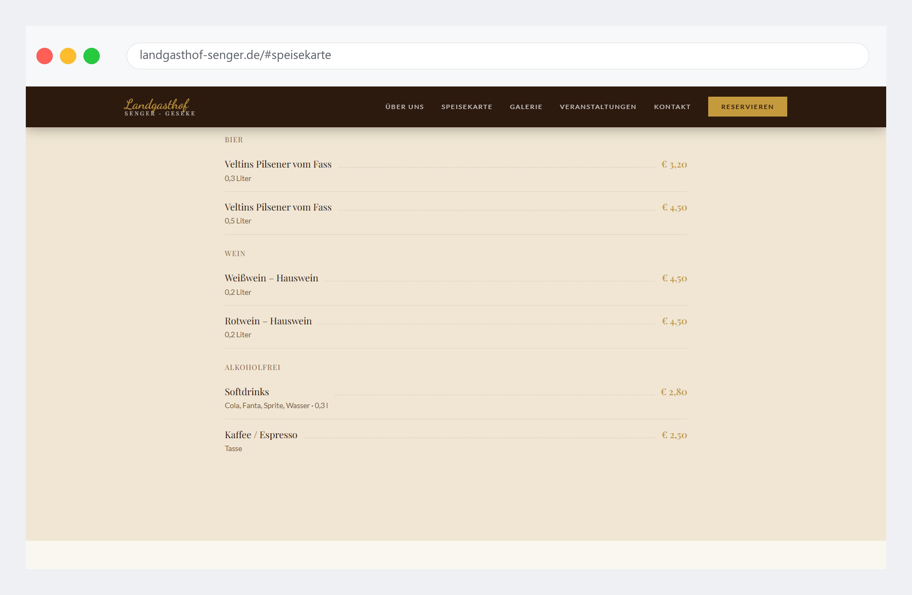 Landgasthof Senger menu section — structured HTML price list