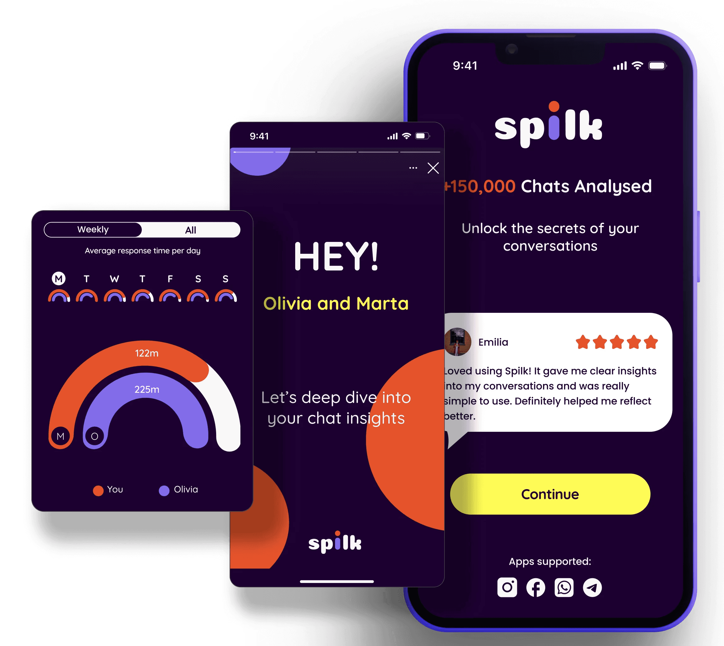 Spilk app — chat insight screens in deep violet